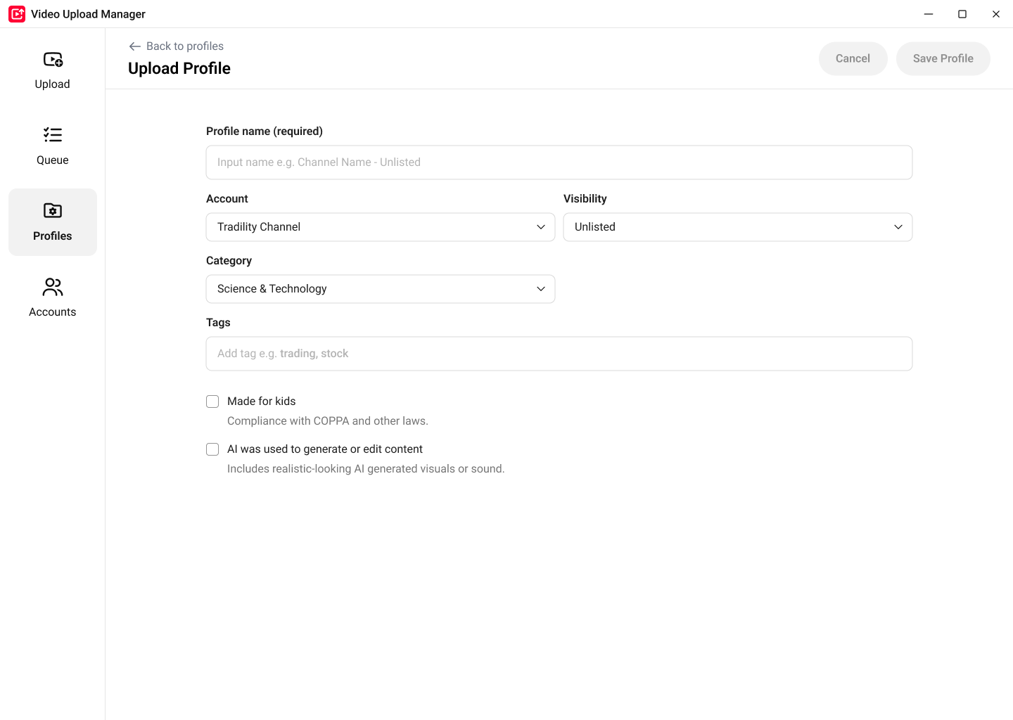 Create Upload Profile in YouTube Video Upload Manager